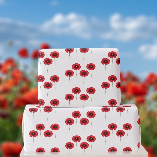 Red Poppy Pattern op White Wrapping Paper Cadeaupapier