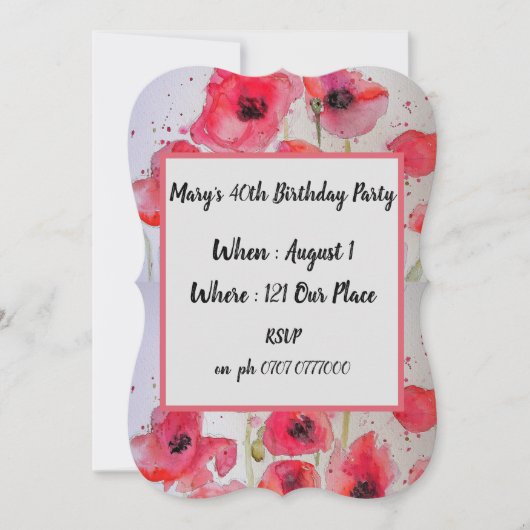 Red Poppy Poppies Floral 40th Birthday Invitation Kaart (Voorkant)