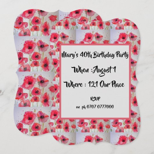 Red Poppy Poppies Floral 40th Birthday Invitation Kaart (Voorkant / Achterkant)