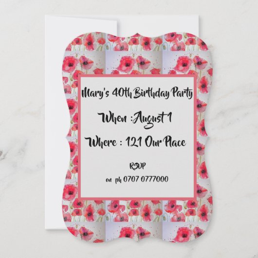 Red Poppy Poppies Floral 40th Birthday Invitation Kaart (Voorkant)