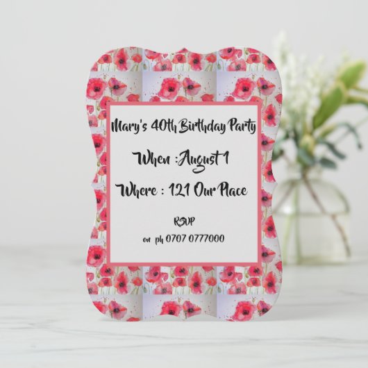 Red Poppy Poppies Floral 40th Birthday Invitation Kaart (Staand voorkant)