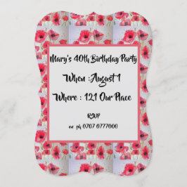 Red Poppy Poppies Floral 40th Birthday Invitation Kaart