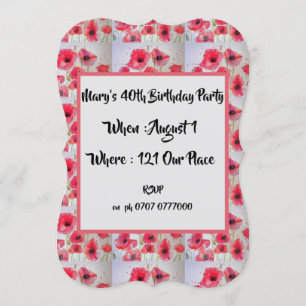 Red Poppy Poppies Floral 40th Birthday Invitation Kaart