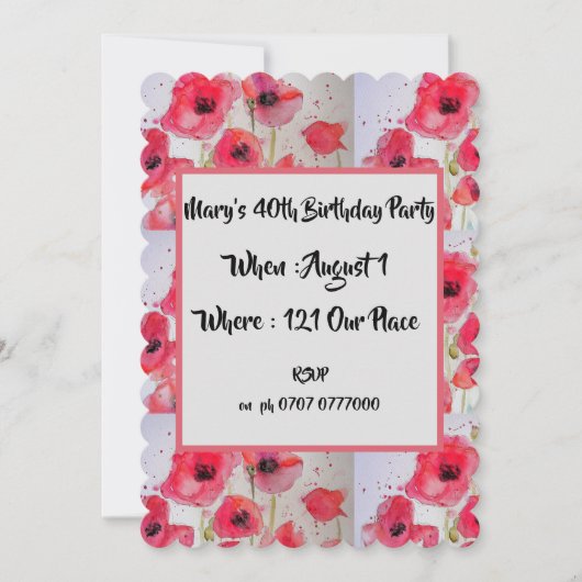 Red Poppy Poppies Floral 40th Birthday Invitation Kaart (Voorkant)