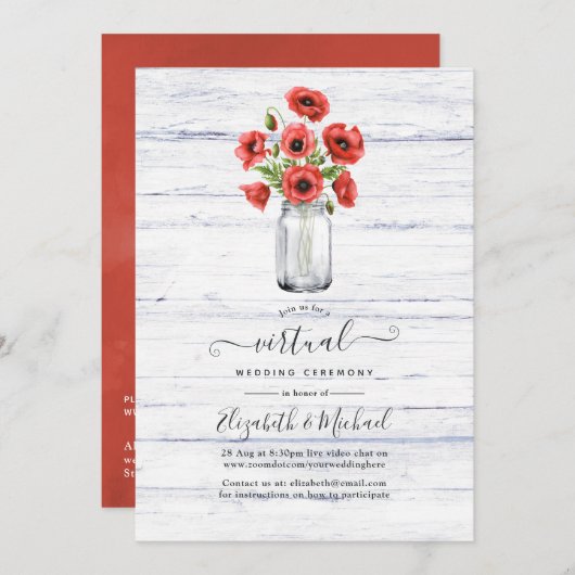Red Poppy Rustic Country Online Virtual Wedding Kaart (Voorkant / Achterkant)