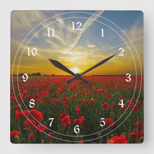 Red Poppy Sunset Vierkante Klok (Voorkant)