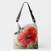 Red Poppy w/Hummingbird Joy, Peace, Love Crossbody Tas (Voorkant)