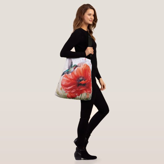 Red Poppy w/Hummingbird Joy, Peace, Love Crossbody Tas (Op model)