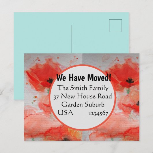 Red Poppy Waterverf New Address Briefkaart Moving (Voorkant / Achterkant)