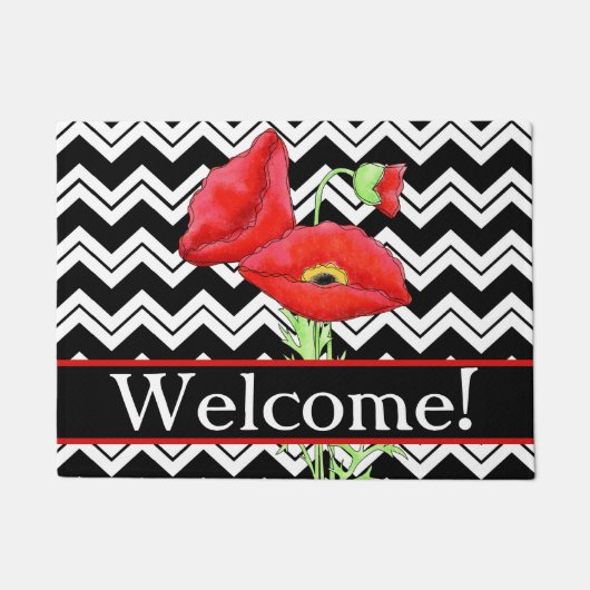 Red Poppy Welcome Black White Chevron ZigZag Deurmat (Voorkant)