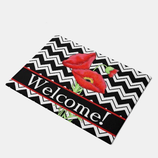 Red Poppy Welcome Black White Chevron ZigZag Deurmat (Schuin)