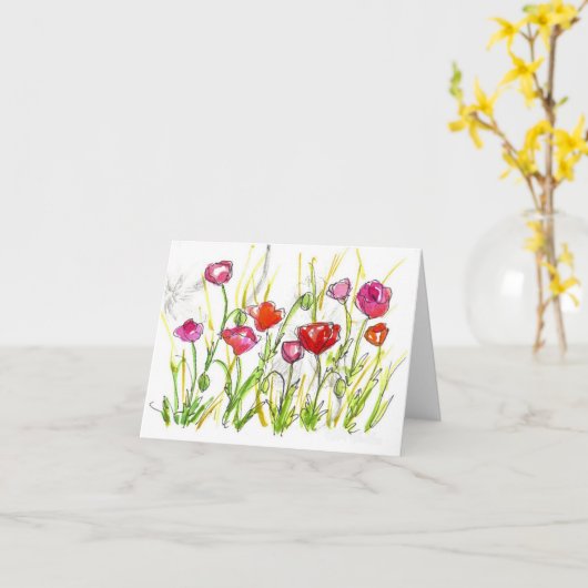 Red Poppy Wildflower Note Kaart Waterverf Art (Gele Bloem)