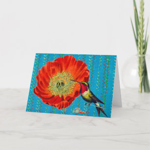 RED POPPY WITH HUMMINGBIRD BLANK NOTECARD BEDANKKAART