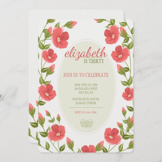 Red Posies Uitnodiging (Voorkant / Achterkant)