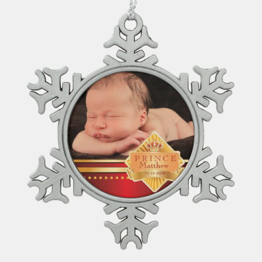 Red Prince Baby Boy Foto van Kerstmis Tin Sneeuwvlok Ornament (Voorkant)