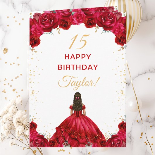 Red Princess Floral Happy Birthday Kaart
