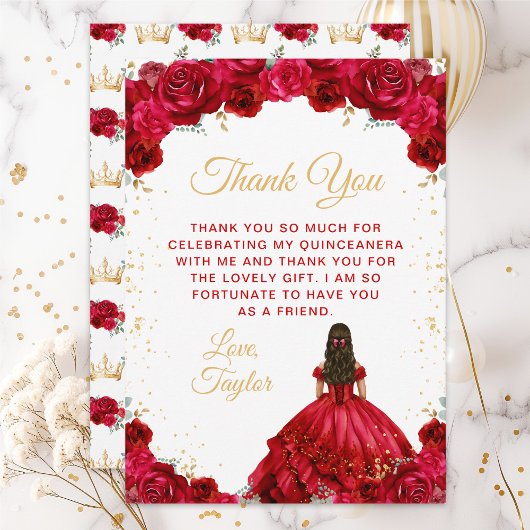 Red Princess Floral Quinceañera Bedankkaart