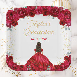 Red Princess Floral Quinceañera Papieren Bordje