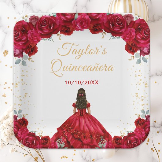 Red Princess Floral Quinceañera Papieren Bordje