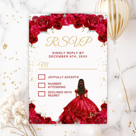 Red Princess Floral Quinceañera RSVP Kaartje