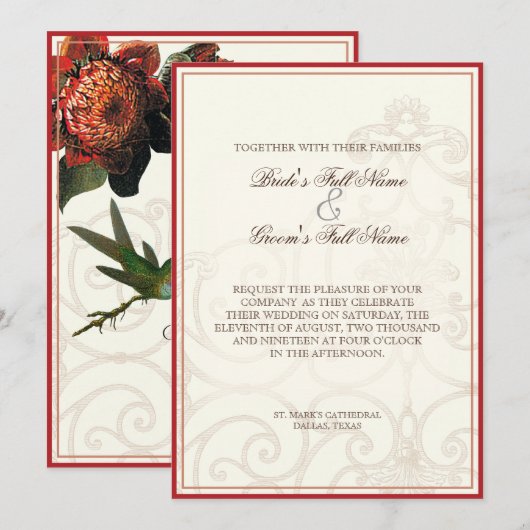 Red Protea Hummingbird - Wedding Invitation Kaart (Voorkant / Achterkant)