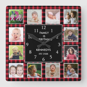 Red Pset 12 Photo Collage Family Quote Kerstmis Vierkante Klok