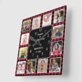 Red Pset 12 Photo Collage Family Quote Kerstmis Vierkante Klok (Hoek)