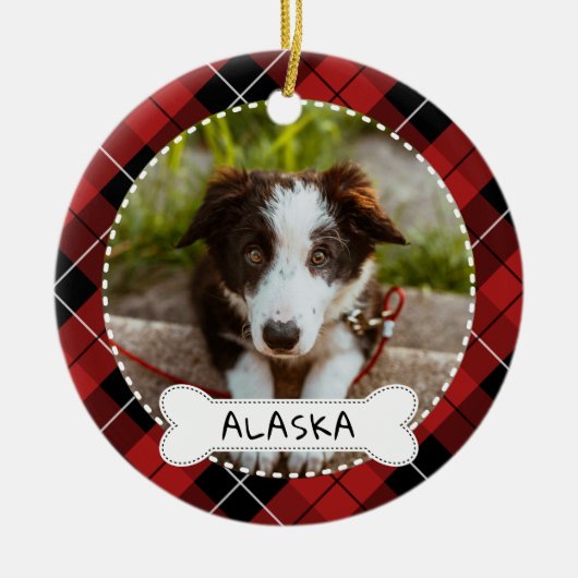 Red Pset Bone Dog Foto & Name Keramisch Ornament (Voorkant)