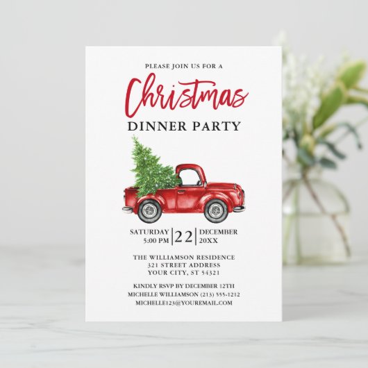 Red Pset Brush Script Truck Kerstparty Kaart (Staand voorkant)