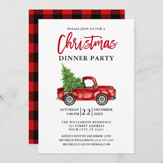 Red Pset Brush Script Truck Kerstparty Kaart (Voorkant / Achterkant)