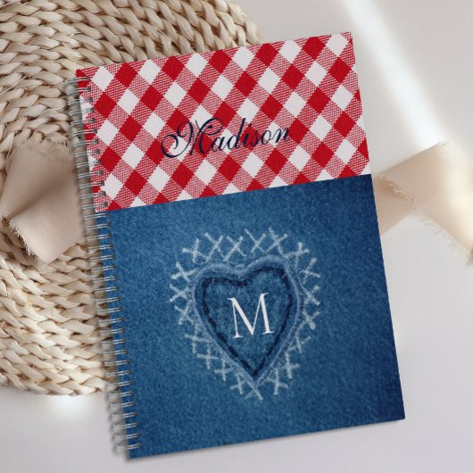 Red Pset Buffalo Check Denim Heart Monogram Planner