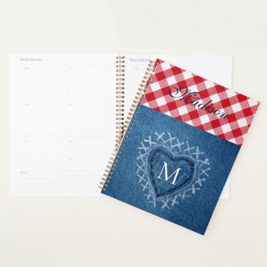 Red Pset Buffalo Check Denim Heart Monogram Planner (Display)