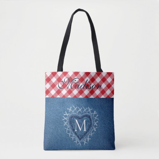 Red Pset Buffalo Check Denim Heart Monogram Tote Bag (Voorkant)