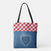 Red Pset Buffalo Check Denim Heart Monogram Tote Bag (Achterkant)