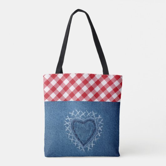 Red Pset Buffalo Check Denim Heart Monogram Tote Bag (Achterkant)