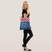 Red Pset Buffalo Check Denim Heart Monogram Tote Bag (Op model)