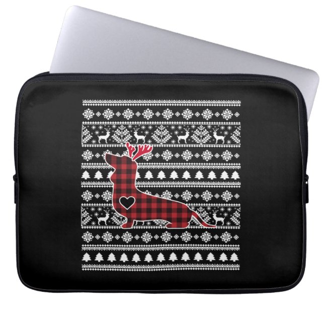 Red Pset Buffalo Dachshund Dog Kerstmis Laptop Sleeve (Voorkant)