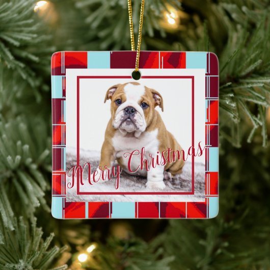 Red Pset Bulldog Dog Photo Merry Kerstry Keramisch Ornament (Boom)