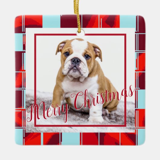 Red Pset Bulldog Dog Photo Merry Kerstry Keramisch Ornament (Voorkant)