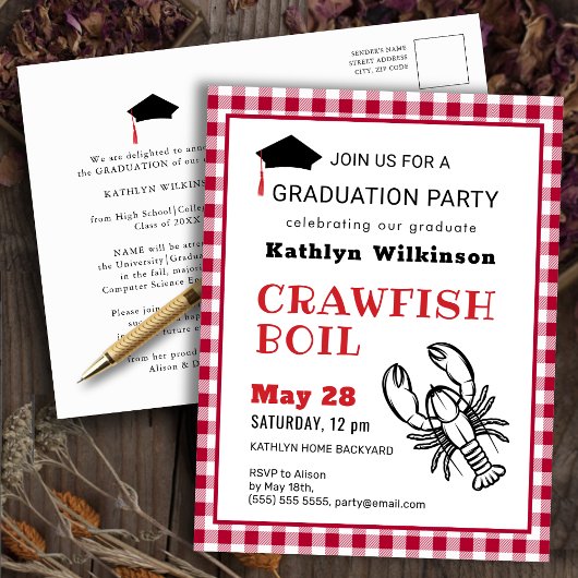 Red Pset Crawfish Boil AFSTUDEERDER Party Invitati Briefkaart
