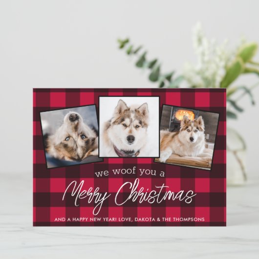 Red Pset Custom Pet Photo Hondenliefhebber Kerstmi Feestdagenkaart (Staand voorkant)