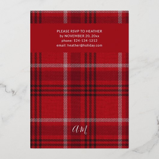 Red Pset Flannel Holiday KerstJouw tekst Folie Uitnodiging (Achterkant)