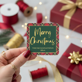 Red Pset Gold Foil Script Merry kerst Vierkante Sticker