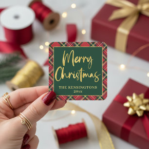 Red Pset Gold Foil Script Merry kerst Vierkante Sticker