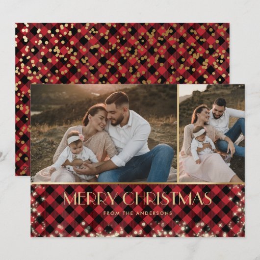 Red Pset Gold Sparkly Photo Merry Kerstry Feestdagenkaart (Voorkant / Achterkant)