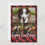Red Pset Happy Howlidays Dog Photo Collage Feestdagenkaart<br><div class="desc">Kerstfotokaart met drie foto's in een geprint lijst van rode vlekken met een gekleurd patroon van gebufferde buffels. Happy howlidays wordt geschreven in een charmerend manuscript met een vraagdruk voor de i.</div>