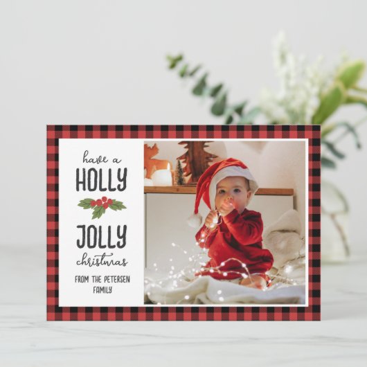 Red Pset heeft een Holly Jolly-kerstfoto Feestdagenkaart (Staand voorkant)