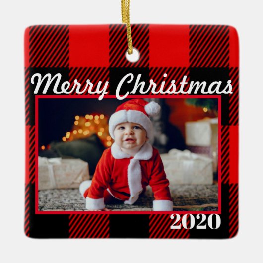 Red Pset kerstfoto 2 Sides Modern Keramisch Ornament (Voorkant)