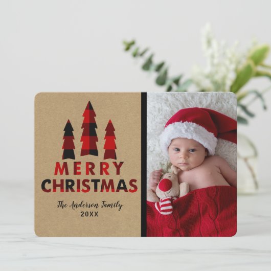 Red Pset Merry kerstbomen Kraft Holiday Kaart (Staand voorkant)