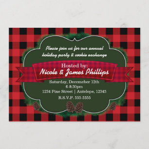 Red Pset & Pinecones Rustic Holiday Invitations Kaart